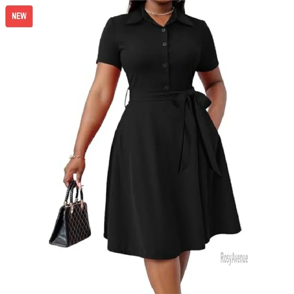 Midi V-Neck Button Dress with Pockets and Belt - Lightweight Polyester